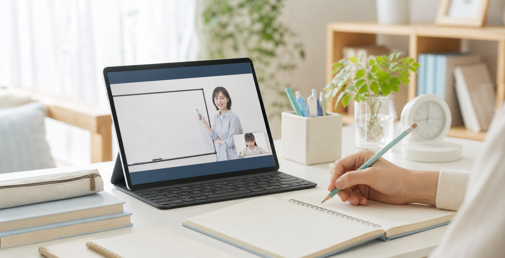オンライン授業を受けながらノートを取る学習机